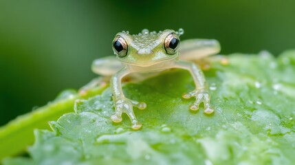Obraz premium Close-up of a tiny, vibrant green frog perched on a dewy leaf