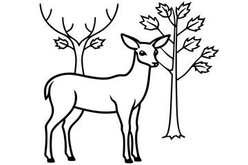 line art Deer in autumn forest, seasonal wildlife silhouette vector illustration