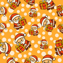 Cute cartoon christmas holiday seamless pattern with santa gifts on orange background for festive cheer