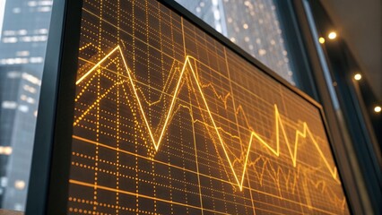 A digital display shows a fluctuating line graph, representing data trends against a modern urban backdrop, illuminated with warm lighting.