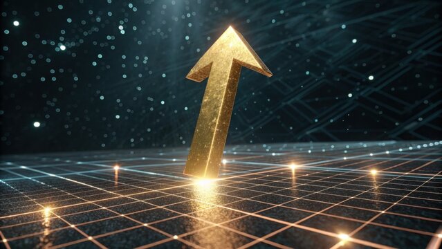 A golden upward arrow stands prominently on a dark, grid-patterned surface, surrounded by shimmering particles, symbolizing progress and growth.