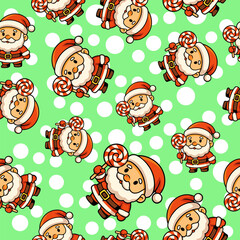 Cute cartoon christmas holiday seamless pattern featuring santa claus festive green background cheerful concept