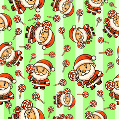 Cute cartoon christmas holiday seamless pattern featuring santa and lollipops on a light green background