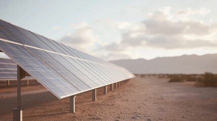 Row of solar panels in a desert-like landscape. the panels are arranged in a straight line, with each panel facing towards the right side of the image.