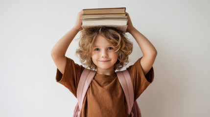A Caucasian girl with curly hair, wearing a brown T-shirt and a pink backpack, is holding a stack of books above her head with both hands standing in front of a white background. Generative AI