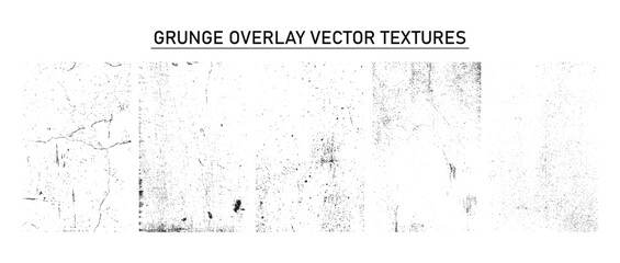Grunge overlay vector texture set. Various texture like distressed noise and scratch, rough vintage grain effect and old concrete wall. Vector urban cracked dust overlay design.