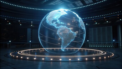 A futuristic holographic globe displays the Americas, illuminated in a high-tech environment with circular lighting effects.