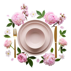 Elegant pink place setting adorned with delicate peonies and roses creates a romantic dining ambiance perfect for celebrations and special events.