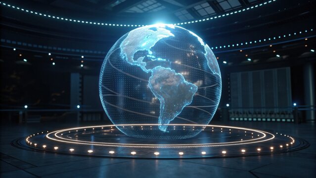 A futuristic holographic globe displays the Americas, illuminated in a high-tech environment with circular lighting effects.