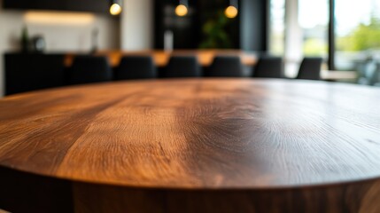 Fototapeta premium Close-up of a polished, round wooden table top. Modern, blurred interior in the background