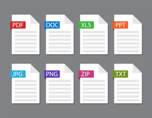 Documents File Format icon PDF, DOC, XLS, PPT, JPG. PNG, ZIP, TXT
