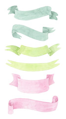Set of bright watercolor ribbons in pink, green, and mint colors. Hand-painted decorative banners. Soft textured watercolor design.