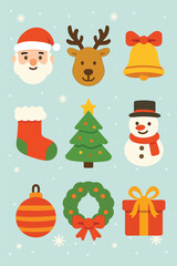 Cute Christmas icons including Santa, reindeer, tree, snowman, stocking, bell, gift