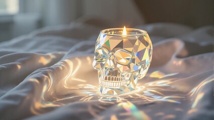 Luminous skull candle holder glowing with warm light on soft white blanket. Concept of cozy atmosphere, dreamy ambiance, perfect for Halloween.
