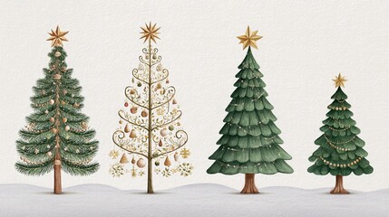 Obraz premium Christmas Winter Wonderland Watercolor A collection of beautifully illustrated Christmas trees with festive decorations.