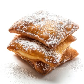 Three bugie, a fried dough pastry, sprinkled with powdered sugar, stacked on a white background