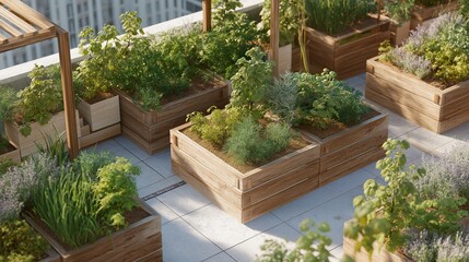 Fototapeta premium Group of wooden planters on a rooftop garden. the planters are arranged in a row and are filled with various types of plants and flowers. the plants include herbs, ferns, and other greenery.