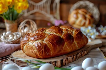 Freshly baked challah bread sits on a wooden board, surrounded by eggs and spring flowers, creating a festive scene for easter or jewish celebrations