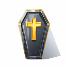 Gothic cartoon coffin with a golden Christian cross, a funeral casket illustration for a Halloween concept
