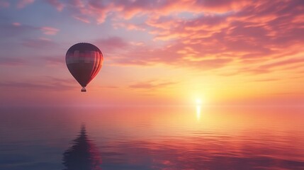 Hot air balloon floats over a calm, sunlit sea at sunset