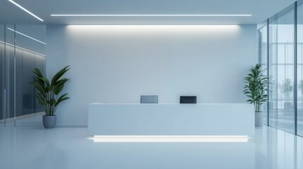 Modern, minimalist reception area.  Sleek white surfaces,  plants,  and glass walls