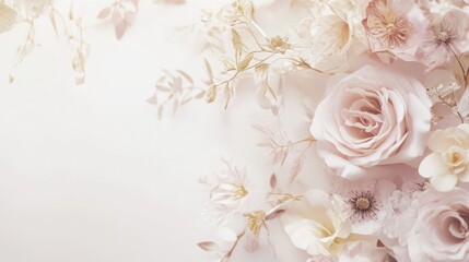 Delicate pastel floral arrangement. Soft, light pink and beige flowers, leaves, and stems artfully arranged on a light background