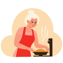 Elderly woman baking pie. Senior lady making homemade apple pie. Older woman preparing fresh pie dough. Retired woman smiling in kitchen. Elderly set