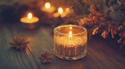 Warm glow of candles on a rustic wooden surface, with dried flowers