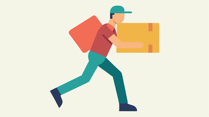 An icon of a delivery person carrying a large box depicted in a forward motion to convey quick service.