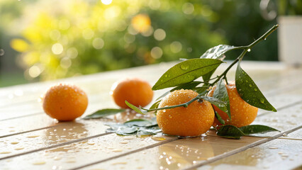 Orange on tiled surface with water drop in natural warm sunlight background