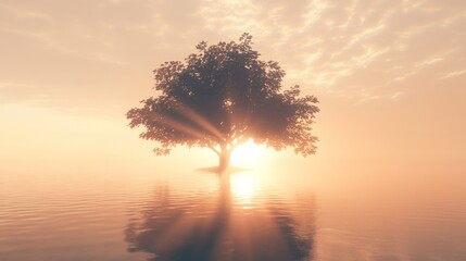 Solitary tree on a misty, tranquil water surface at sunrise