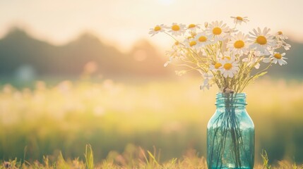 A bouquet of daisies in a vintage teal glass jar, bathed in warm sunlight, sits in a field of wildflowers