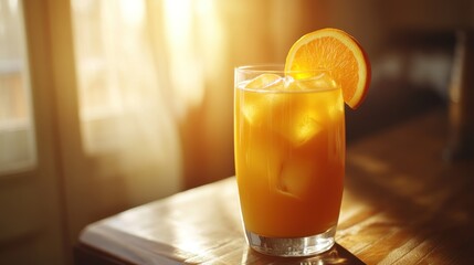 Orange juice drink in glass, sunlight