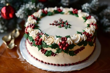 Christmas cake decorated with white frosting rosettes, red berries, and green holly leaves, sitting on a wooden table with festive decorations in the background