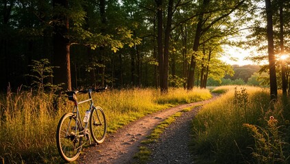 A bicycle on a gravel path in a sunlit forest at sunset. Outdoor recreation and cycling adventure during golden hour