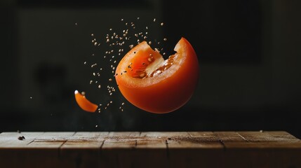 A sliced tomato levitates in mid-air, radiating vibrant orange-red hues.  Tiny particles burst outward from the severed segments.  Dark background
