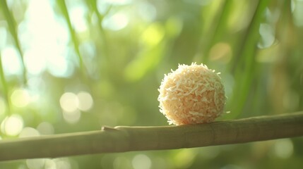 Creamy ball resting on a bamboo branch, bathed in sunlight filtering through lush green foliage