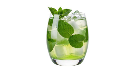 Isolated refreshing cocktail with ice cubes and mint, ideal for summer heat and enjoyment