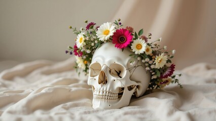 Skeleton head flower crown adorned with vibrant flowers, resting on soft beige blanket. Concept of minimalistic art highlighting beauty of skulls, flowers, Halloween theme.