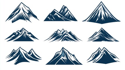 Collection of stylized mountain silhouettes, varying in shape and detail, on a white background.  Each peak features a distinct, graphic design, conveying ruggedness and height