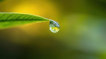 Delicate water droplet clinging to a leaf edge, reflecting the surrounding greenery