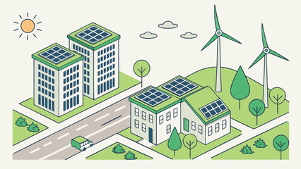 Sustainable city living featuring solar panels and wind turbines for clean energy, promising a greener future with eco-friendly technologies, modern design.