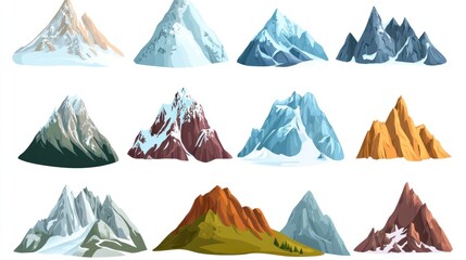 Twelve colorful cartoon mountain illustrations.  Various shades of peaks, snow, and vegetation.  Different textures and shapes, displayed against a white background