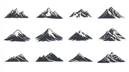 Twelve stylized mountain silhouettes in varying shapes and snow caps, rendered in dark gray on a white background
