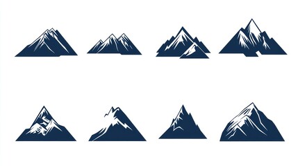 Nine stylized mountain silhouettes in varying shapes and snow detail, dark navy blue on a white background