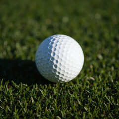 Obraz premium Close up view of white golf ball resting on lush green grass, showcasing its textured surface and dimples, evoking sense of sport and leisure