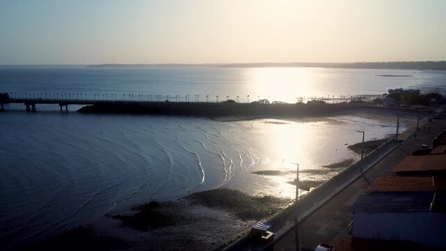 Aerial drone panorama of the pier in S&atilde;o Jos&eacute; de Ribamar, Maranh&atilde;o, Brazil, at sunset