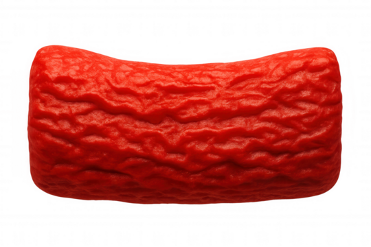 Red textured plasticine block creating abstract organic shape and wrinkled surface pattern on transparent background