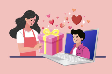 Woman holding gift box while video calling boyfriend on laptop. Long distance relationship couple celebrating online with floating hearts. Virtual present surprise concept for valentine day.