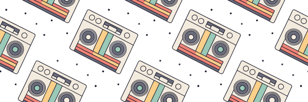 Seamless retro boombox pattern with colorful vintage radios and dotted background, ideal for nostalgic music themes, wrapping paper, fabric design, and retro pop art illustrations.